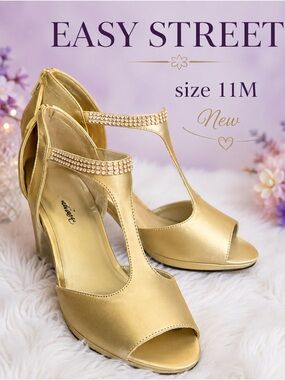 easy street 11M Metallic Gold Satin T-Strap Rhinestone Block Heel Sandals